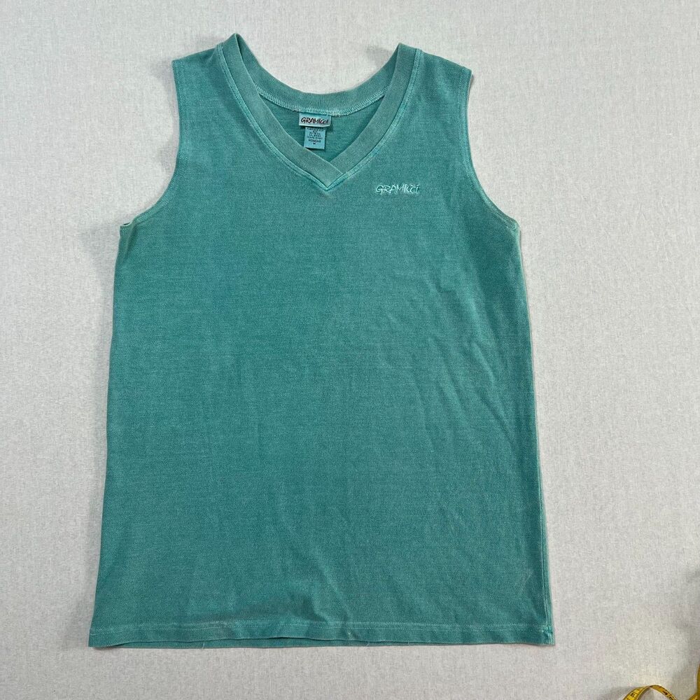 Vintage Gramicci Womens M Teal V Neck Tank Top 100% Cotton Made USA Outdoor